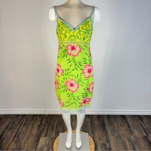 Vintage ROXY Y2K Hibiscus Mini Dress | Neon Lime & Pink S